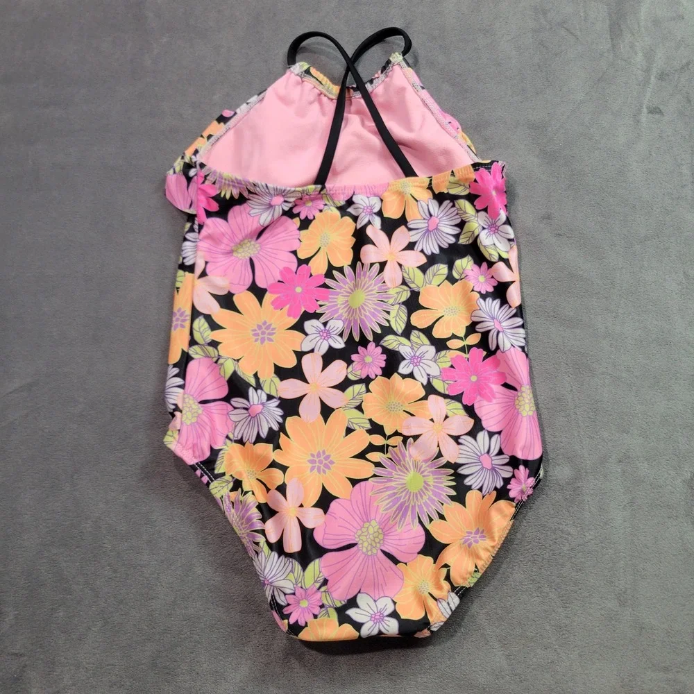 Wonder Nation‎ Girls Floral One Piece Swimsuit Ruffle Pink Orange Black Size 7-8
